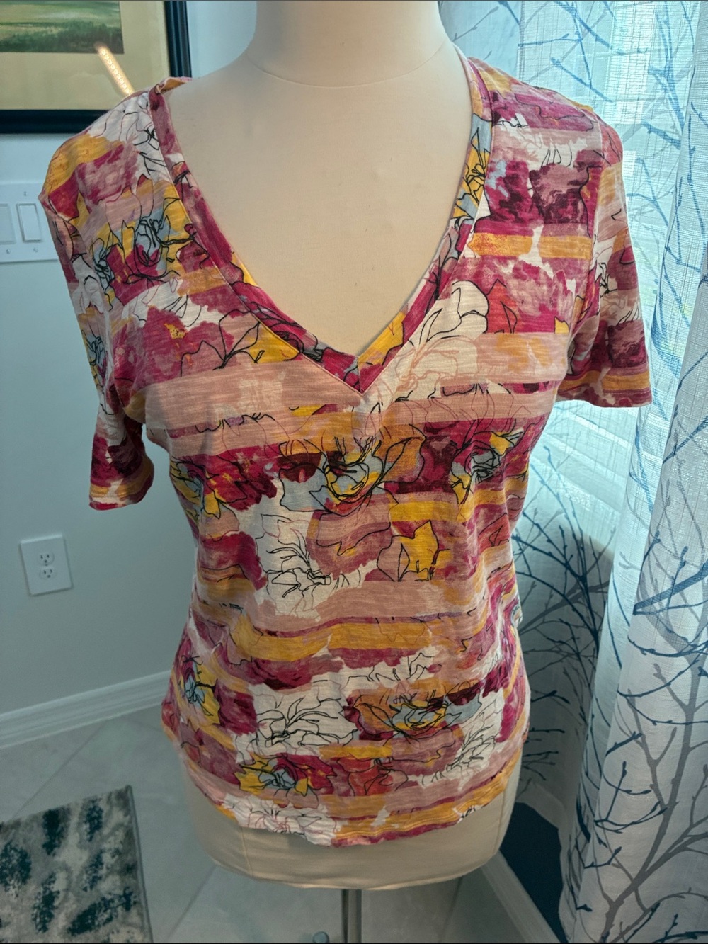 White House Black Market Floral Stripe V-Neck Women's Top in Pink and Yellow